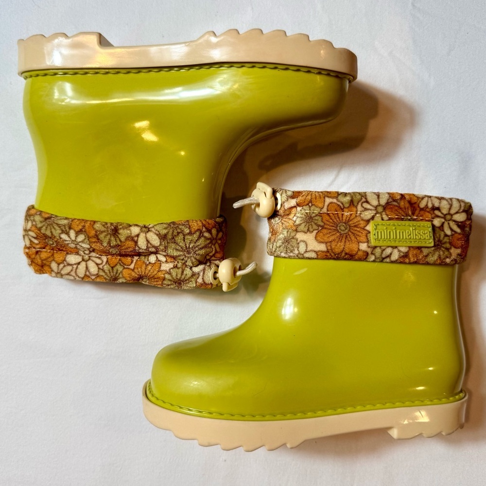 Mini Melissa Rain Boots III BB Girls 10 Yellow Green Floral Cuff Waterproof Lime - Picture 5 of 8